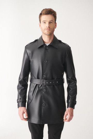 Mens Black Mid-Length Leather Coat Mens Black Mid-Length Leather Coat