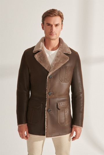 Mens Luxurious Brown Shearling Leather Coat Mens Luxurious Brown Shearling Leather Coat