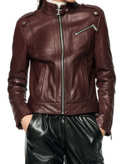 Maroon Snap Collar Leather Jacket For Women Maroon Snap Collar Leather Jacket For Women
