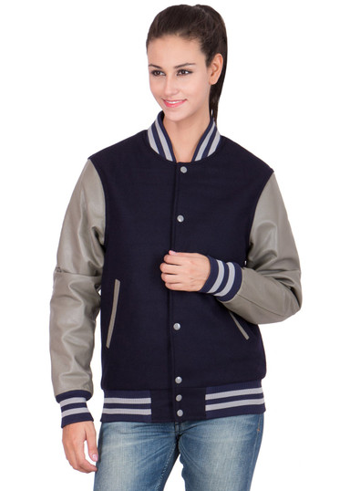 Women's Dark Blue and Grey Varsity Jacket Women's Dark Blue and Grey Varsity Jacket