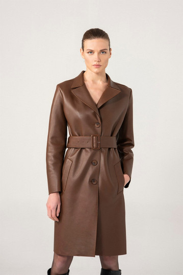 Womens Choco Brown Trench Leather Coat Womens Choco Brown Trench Leather Coat