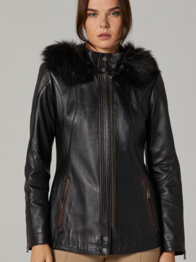 Women Black Lambskin Leather Hooded Jacket