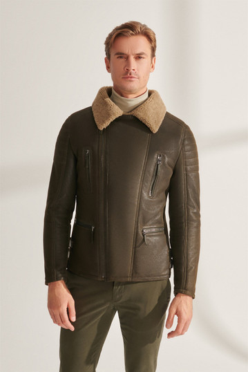 Men's Casual Moss Green Shearling Leather Jacket Men's Casual Moss Green Shearling Leather Jacket