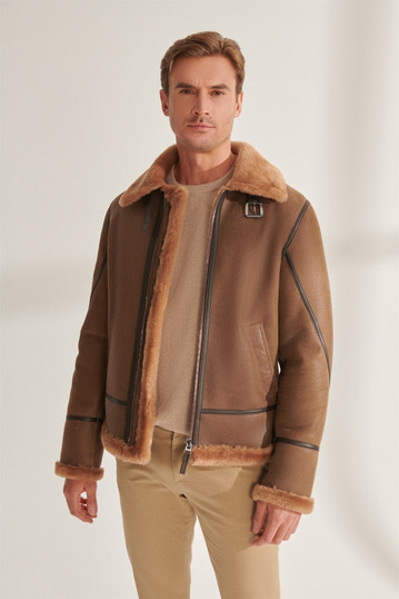 Mens Camel Brown Vintage Shearling Leather Jacket