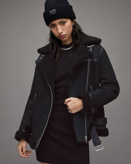 Women's Matt Black Shearling Leather Jacket Women's Matt Black Shearling Leather Jacket