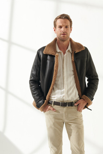 Men's Pitch Black Shearling Leather Jacket