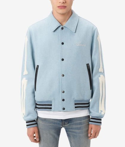 Mens Baby Blue Bone Design Varsity Jacket Mens Baby Blue Bone Design Varsity Jacket