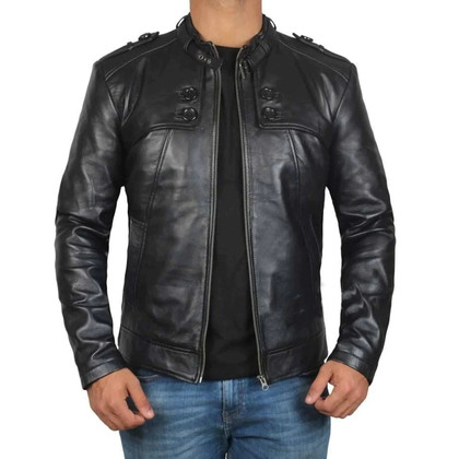 Men's Black Belted Collar Genuine Leather Biker Jacket Men's Black Belted Collar Genuine Leather Biker Jacket