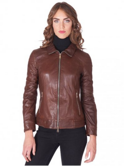 Women Shirt Collar Brown Leather Jacket Women Shirt Collar Brown Leather Jacket