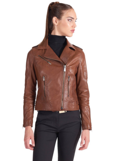 Women Biker Brown Leather Jacket