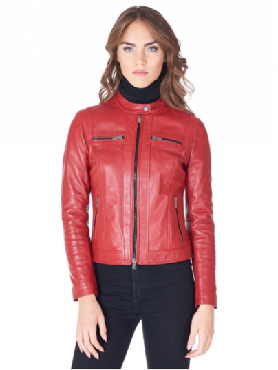Women’s Red Motorcycle Biker Leather Jacket