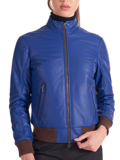 Womens Blue Genuine Leather Bomber Jacket Womens Blue Genuine Leather Bomber Jacket