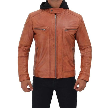 Men's Tan Hooded Leather Jacket Men's Tan Hooded Leather Jacket
