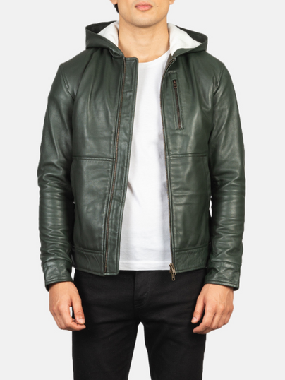 Mens Baston Green Hooded Leather Bomber Jacket