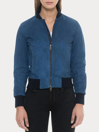Women Blue Suede Bomber Jacket Women Blue Suede Bomber Jacket