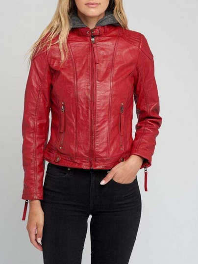 Women Red Removable Hooded Leather Jacket