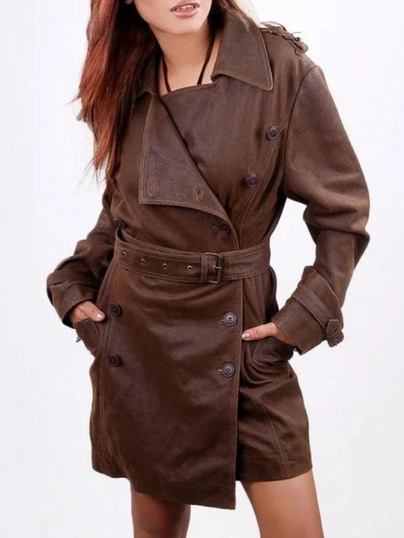 Women's Brown Geniune Leather Biker Belted Long Coat