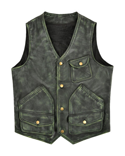 Men's Green Distressed Leather Vest