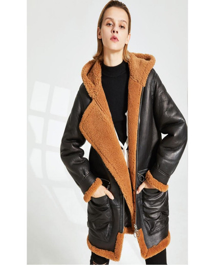 Womens Black Shearling Coat with Warm Hooded