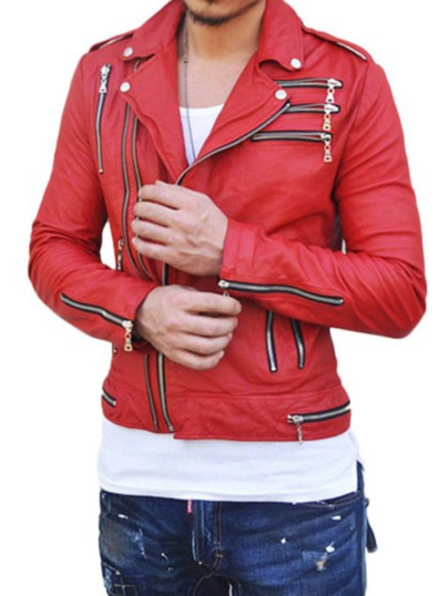 Men's Motorcycle Red Leather Biker Jacket