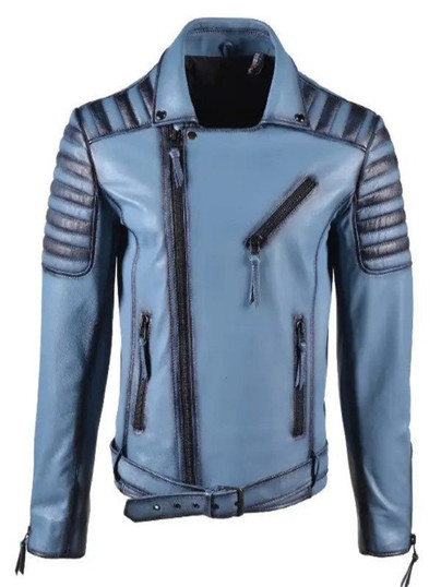 Mens Vintage Biker Style Blue Leather Jacket