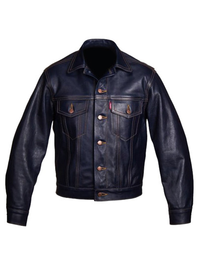 Mens Navy Blue Leather Trucker Jacket