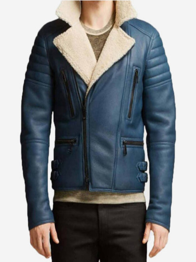 Men’s Blue Shearling Leather Jacket