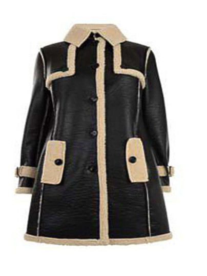 Women Black Leather Shearling Coat