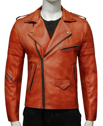 Mens Brown Asymmetrical Collar Biker Leather Jacket Mens Brown Asymmetrical Collar Biker Leather Jacket