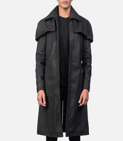 Mens Distressed Black Classic Leather Long Coat