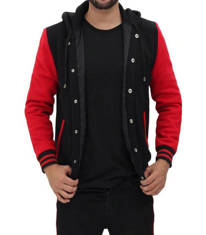 Men's Baseball Hooded Red and Black Varsity Jacket Men's Baseball Hooded Red and Black Varsity Jacket