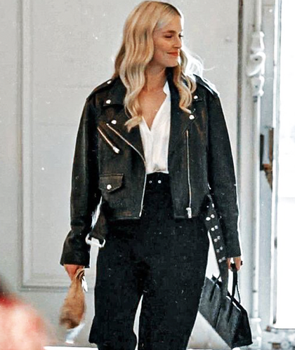 Camille Razat Emily In Paris Oversized Black Leather Jacket