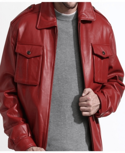 Mens Stylish Red Leather Bomber Jacket