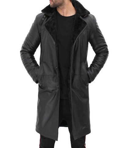 Mens Jet Black Shearling Leather Coat
