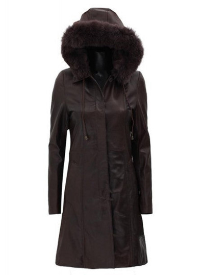 Women's Top Notch Dark Brown Shearling Hooded Leather Coat Women's Top Notch Dark Brown Shearling Hooded Leather Coat