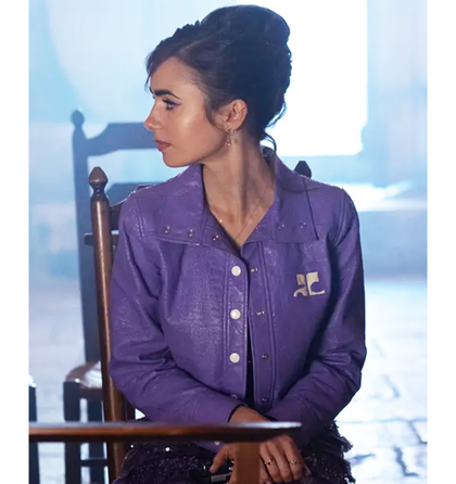 Emily In Paris S02 Lily Collins Purple Leather Jacket Emily In Paris S02 Lily Collins Purple Leather Jacket