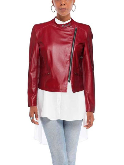 Women's Red Slim-fit Leather Cafe Racer Jacket Women's Red Slim-fit Leather Cafe Racer Jacket