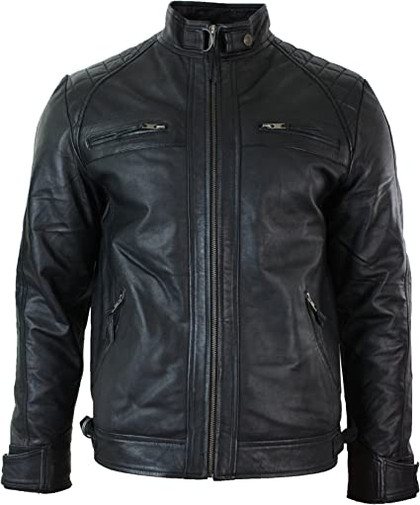 Mens Retro Style Zipped Black Biker Real Leather Jacket Mens Retro Style Zipped Black Biker Real Leather Jacket