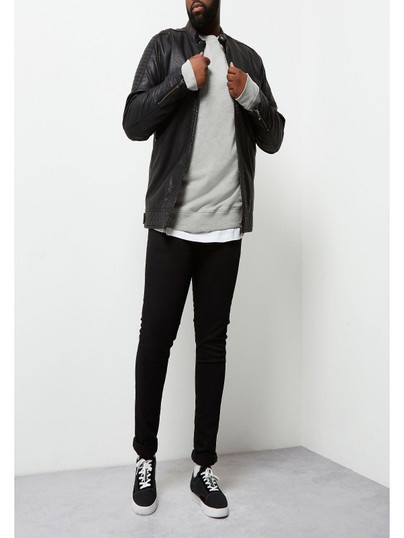 Men Black Snap Tab Collar Racer Leather Jacket