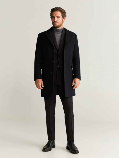 Men Tailored Black Wool Coat