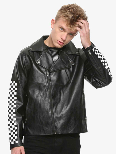 Mens Lapel Collar Checkered Leather Jacket Mens Lapel Collar Checkered Leather Jacket