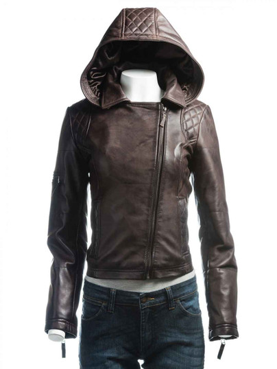 Dark Brown Hooded Biker Leather Jacket