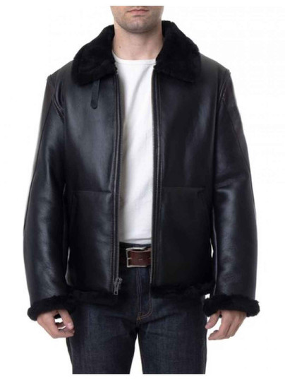 Mens Sheepskin Fur Folding Collar Black Biker Jacket