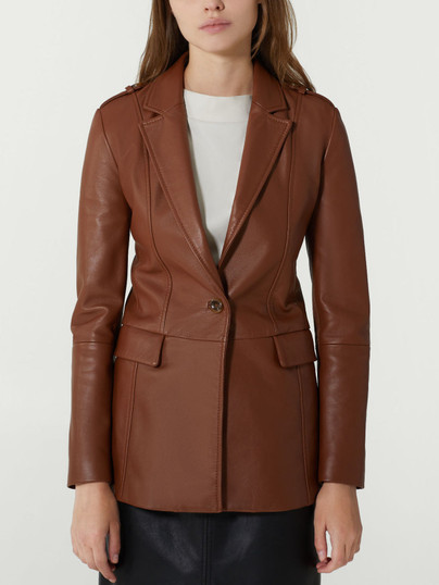 Brown Notch Lapel One Button Womens Leather Blazer Jacket