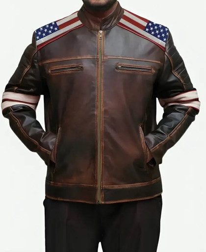 American Flag Distressed Brown Jacket