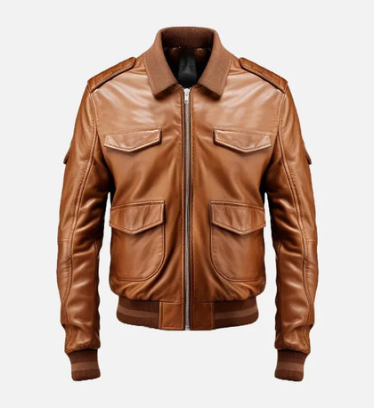 Men's Brown Strap Pockets Bomber Leather Jacket Men's Brown Strap Pockets Bomber Leather Jacket