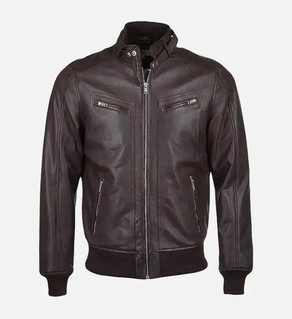 Men's Snap Double Button Collar Brown Leather Bomber Jacket