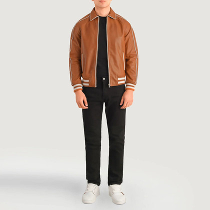 Men's Cooper Tan Brown Leather Varsity Jacket