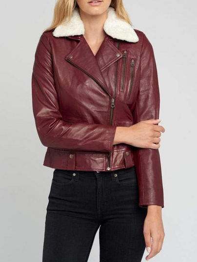 Women's Maroon Biker Shearling Fur Collared Leather Jacket