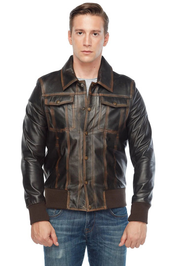 Real Distressed Leather Bomber Jacket